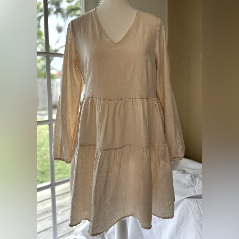 Cream Bohemian/Babydoll V-Neck Dress